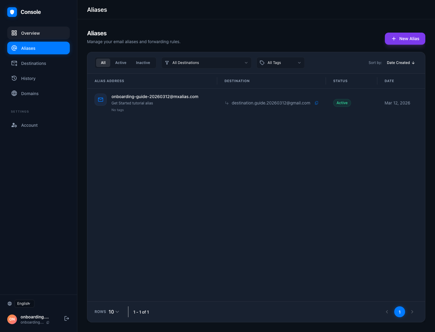 Aliases page with the first alias